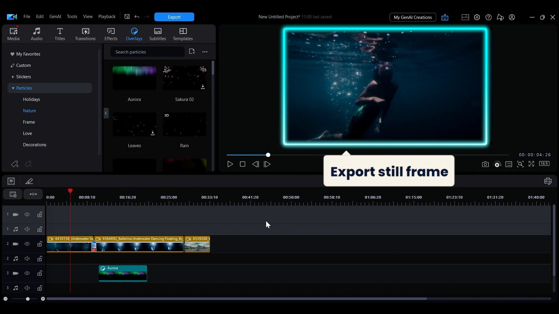 The Snapshot button below the PowerDirector preview window with a callout reading export still frame.