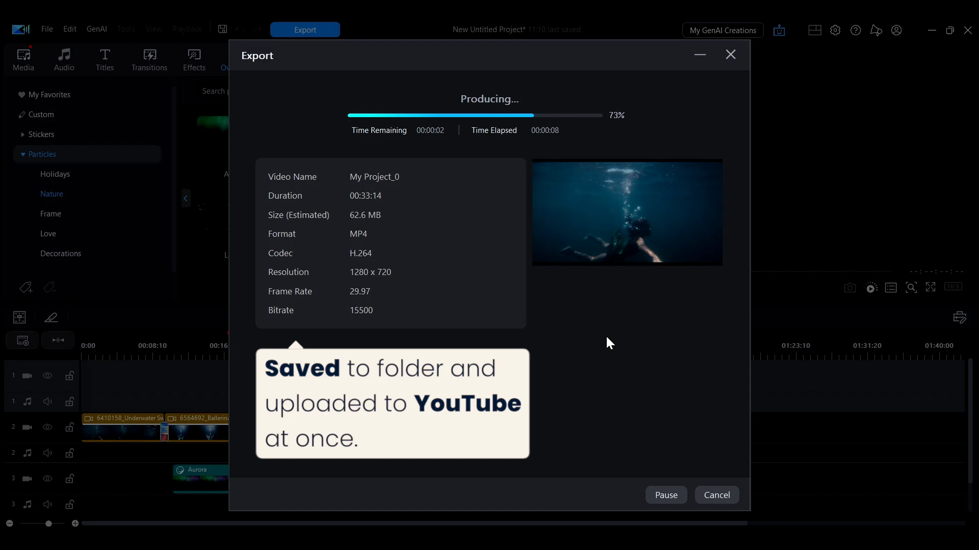 A callout in PowerDirector reading saved to folder and uploaded to YouTube at once, beside the export progress window.
