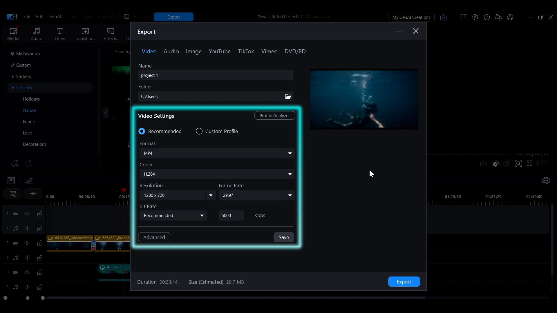 The video settings section highlighted in the PowerDirector Export window, showing format, resolution and frame rate.