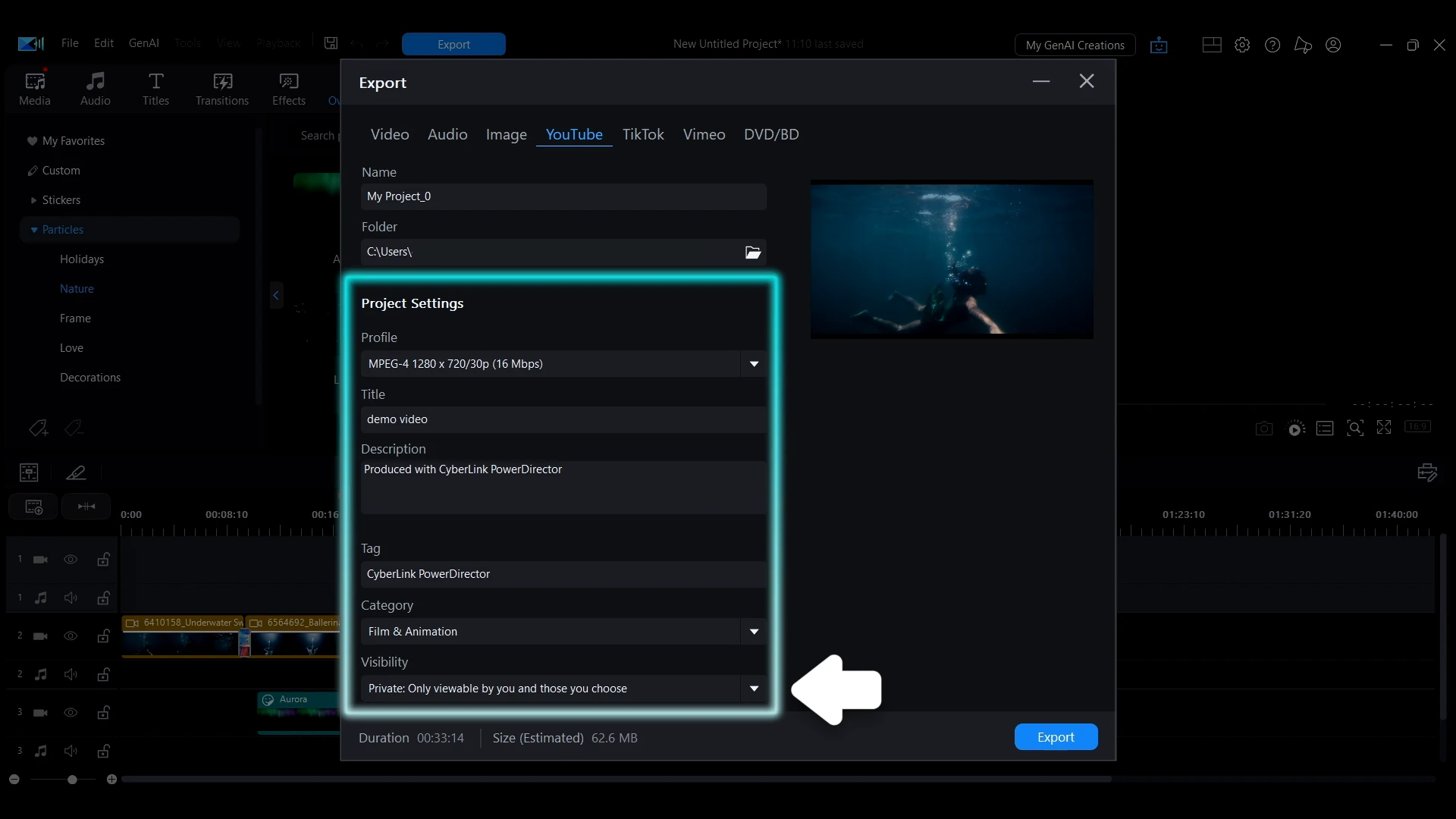 The YouTube tab of the PowerDirector Export window with fields for the video's title, description and privacy setting.