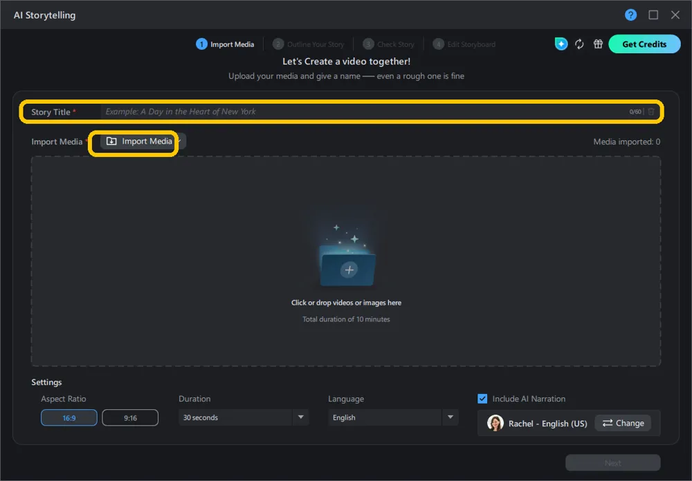 AI Storytelling import screen with Story Title field and Import Media button highlighted