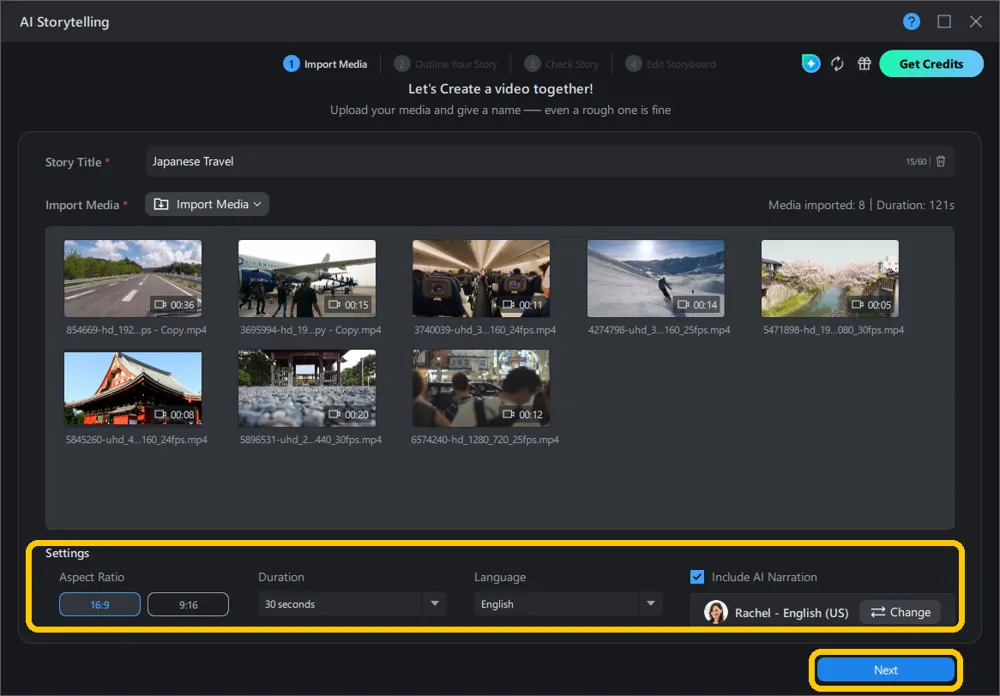 AI Storytelling screen with 8 media files imported and Japanese Travel as the story title