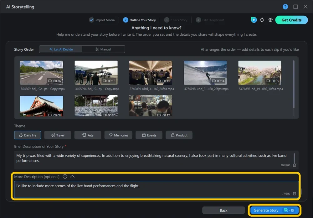 Outline Your Story screen with description filled in and Generate Story button highlighted