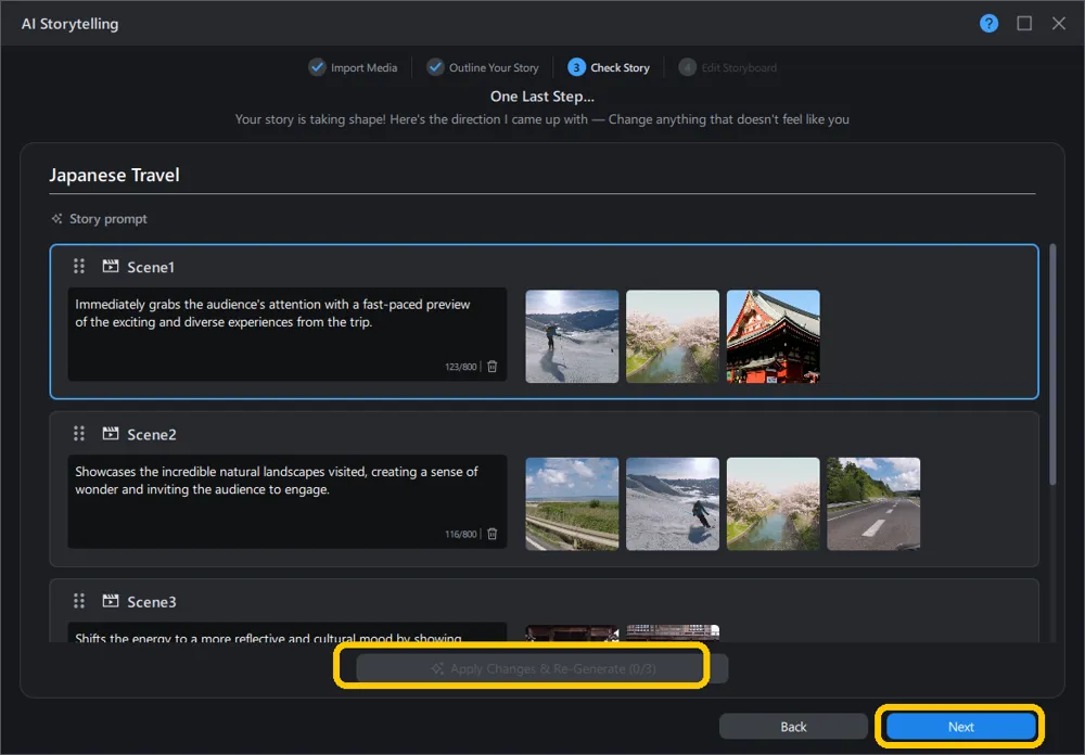 Check Story screen showing AI-generated scene descriptions and matching clips
