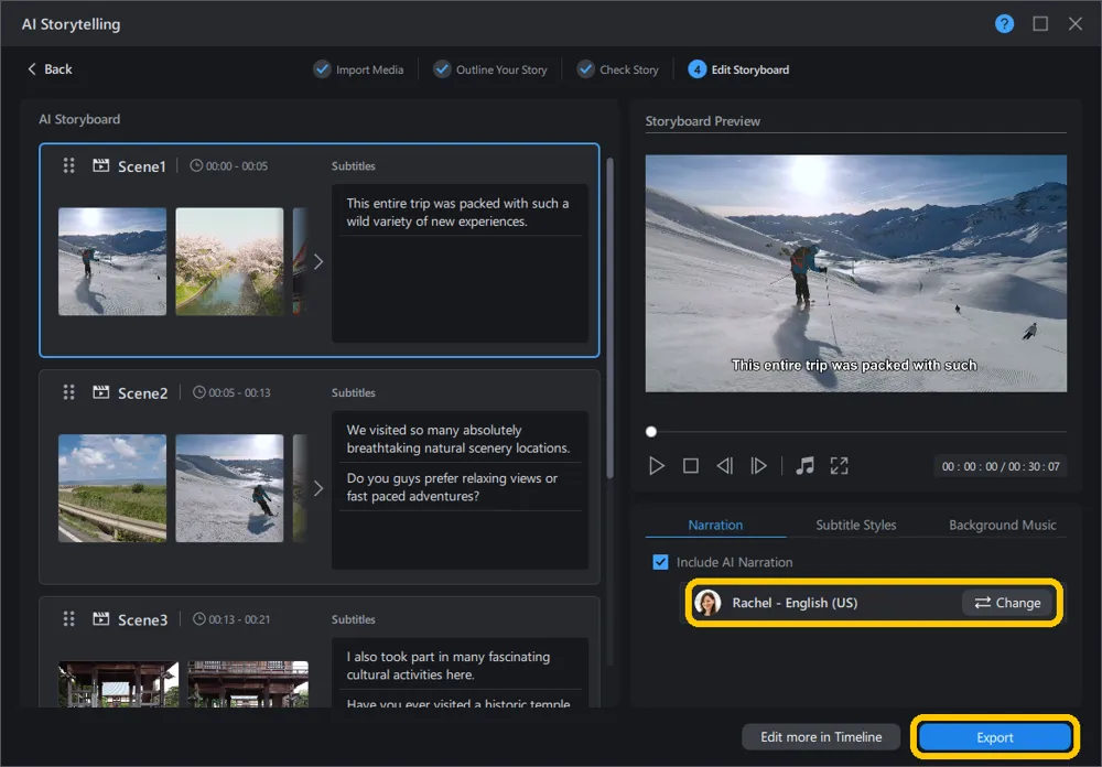 AI Storyboard editor on the Narration tab with Include AI Narration and the voice selector highlighted, and the Export button highlighted at the bottom right
