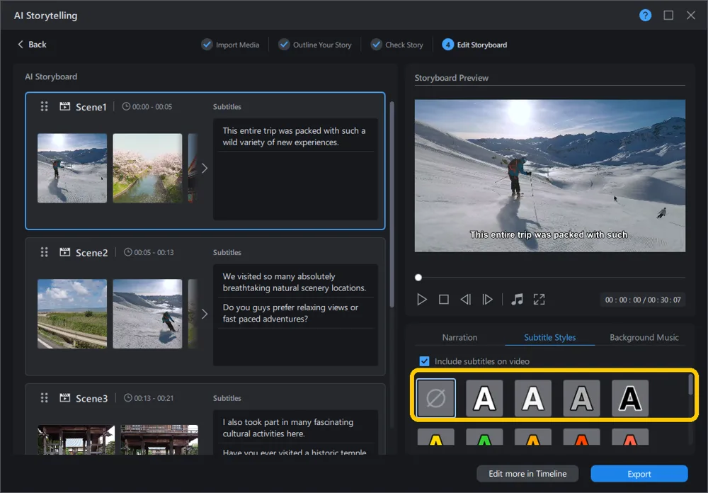 Subtitle style options in the AI Storyboard editor