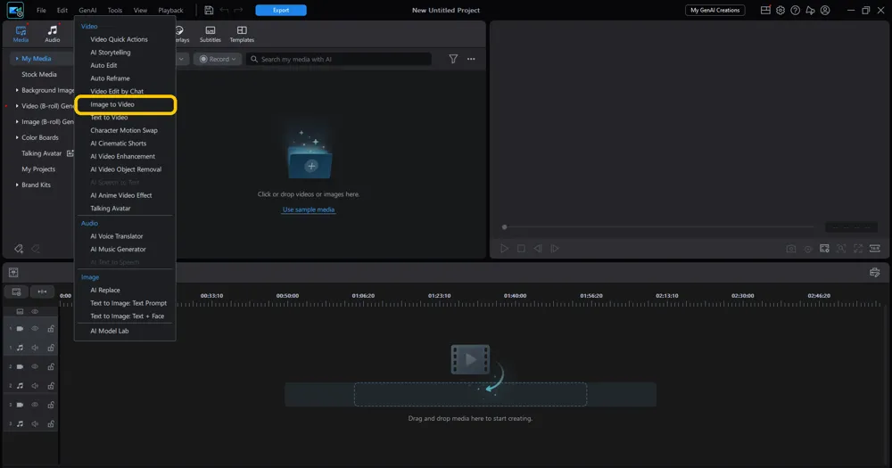 The GenAI menu open with Image to Video highlighted under the Video group
