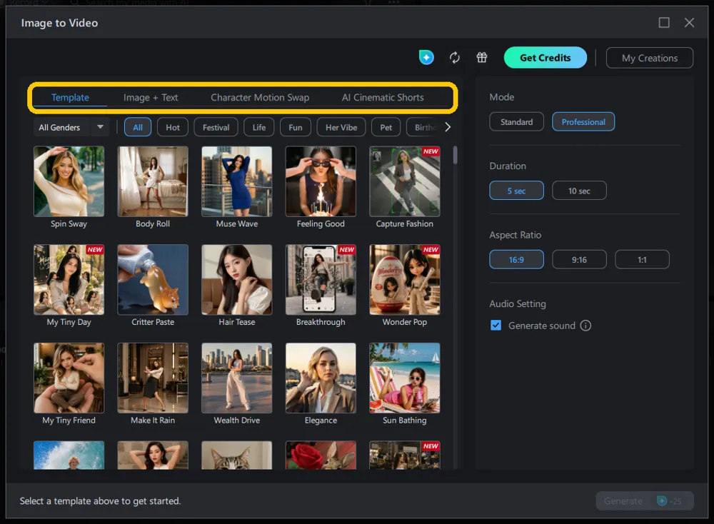 The Image to Video window with its four tabs highlighted