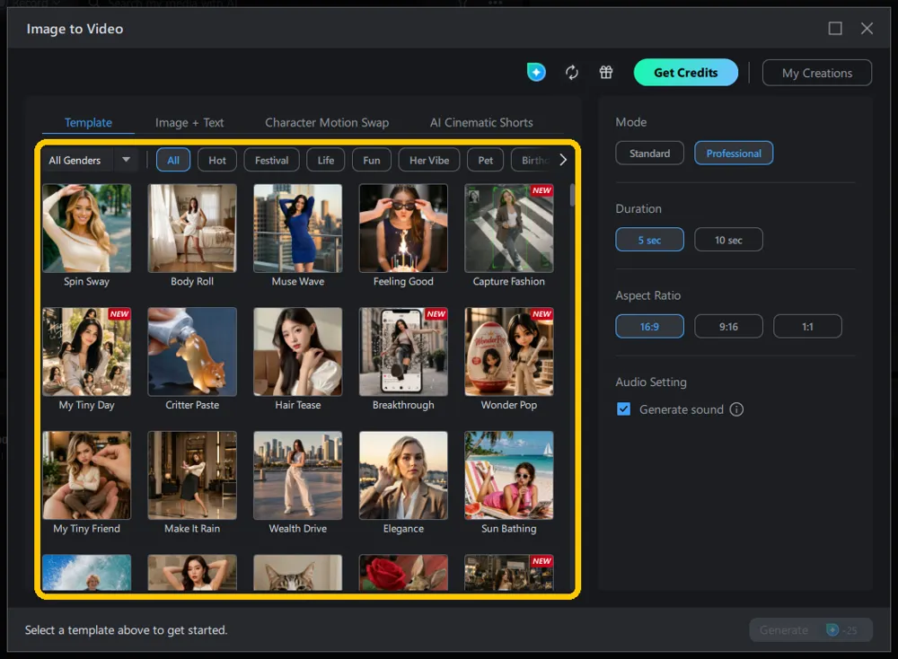 The Template tab showing a grid of named motion templates with category filters