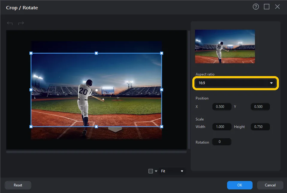 The Crop and Rotate dialog with its Aspect ratio dropdown highlighted