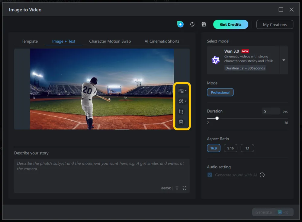The imported photo with the hover toolbar highlighted down its right edge