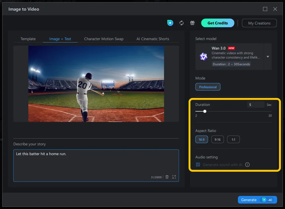 The Duration slider, Aspect Ratio buttons and Audio setting highlighted