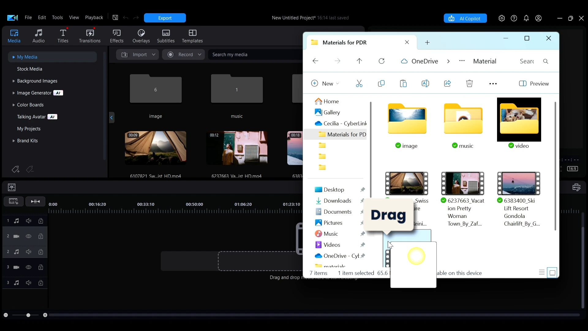 Dragging a media file from a folder into the PowerDirector media panel