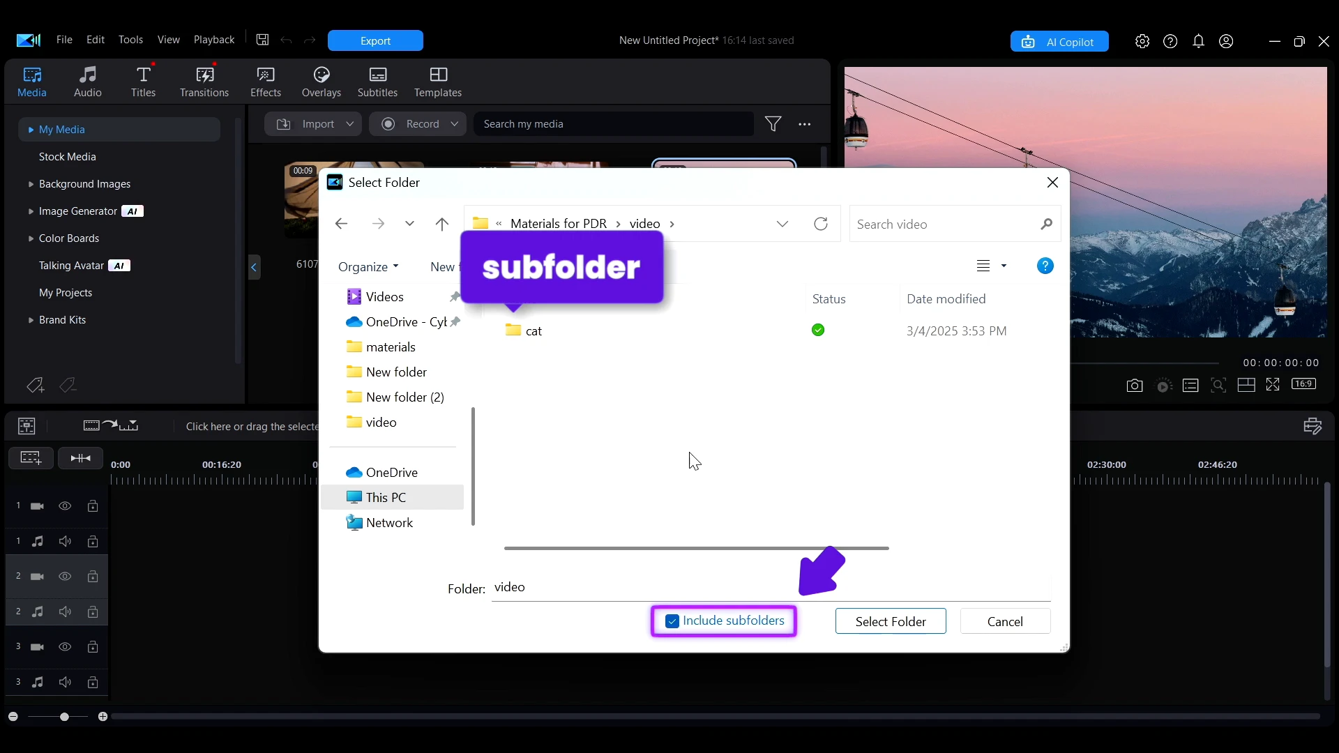 The Select Folder dialog with the Include subfolders option checked