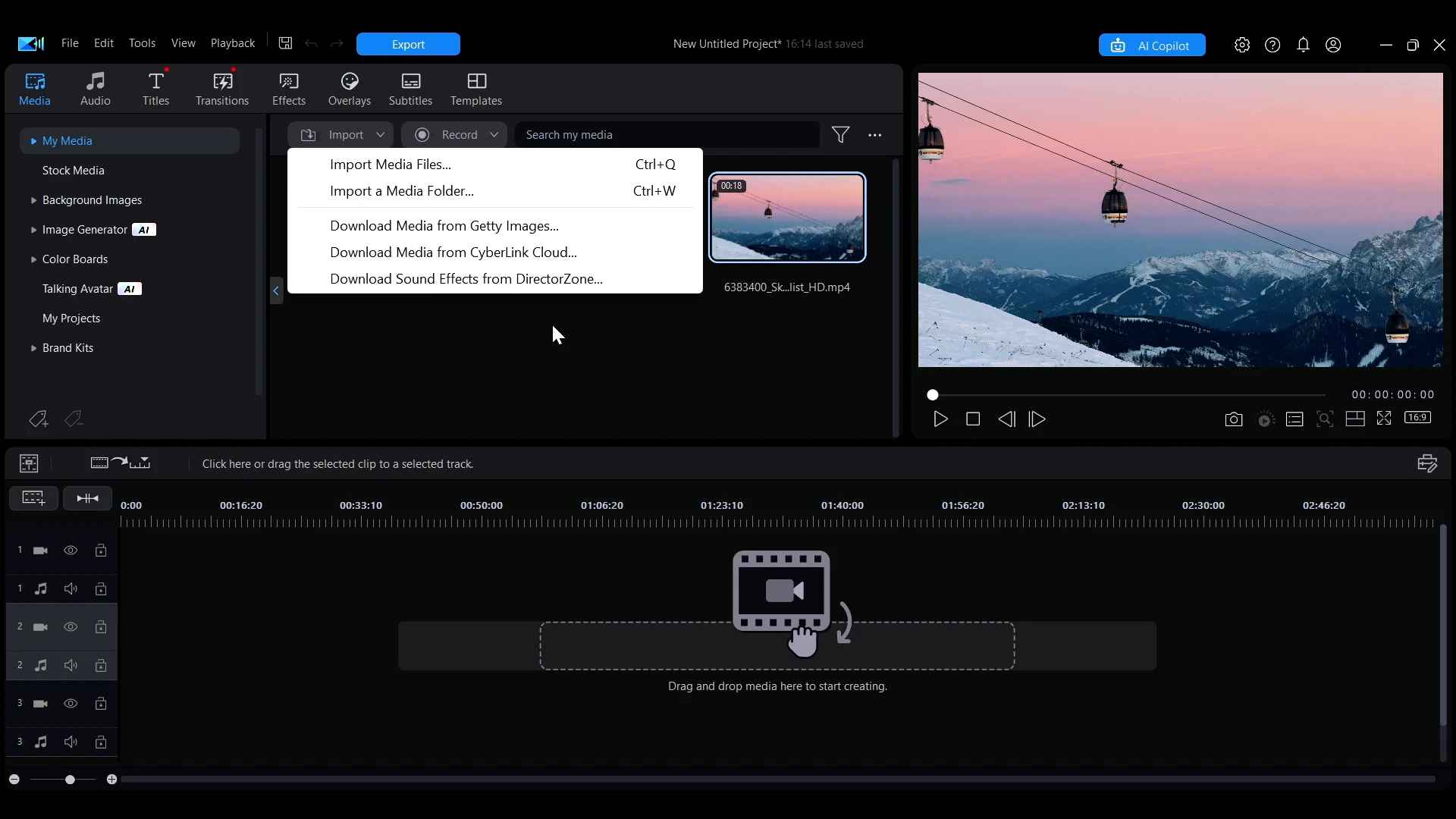 The Import dropdown menu showing Import Media Files and Import a Media Folder