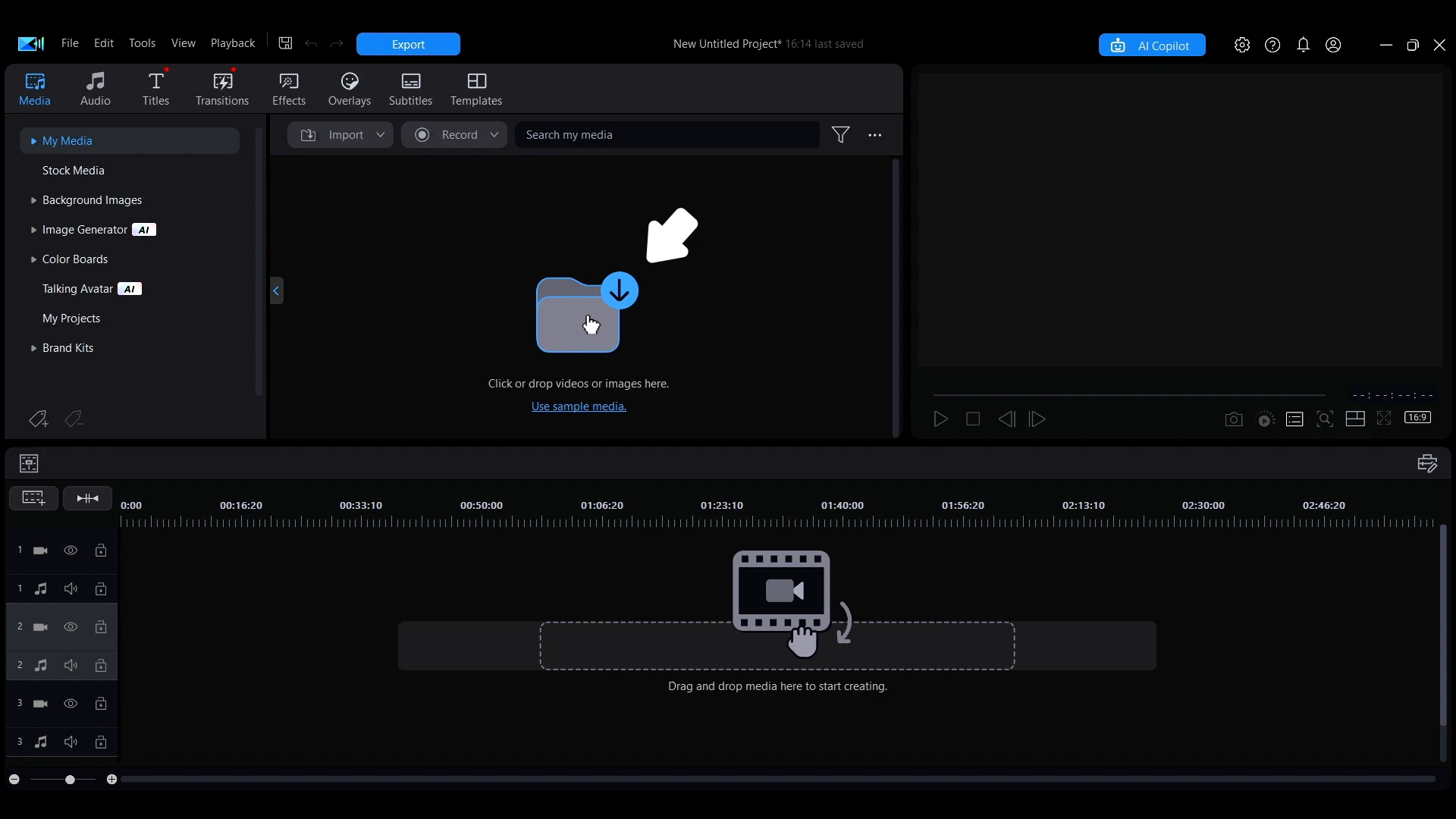 The empty My Media panel with a central import area