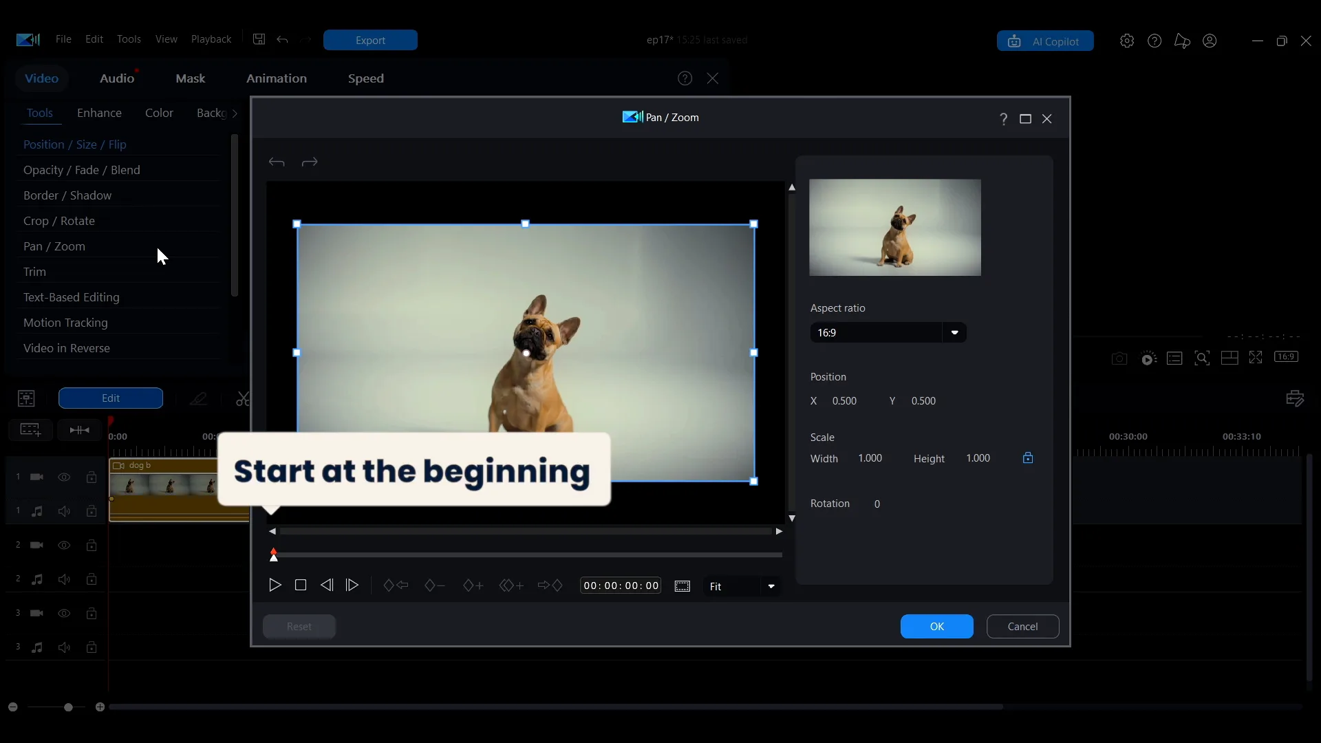 The Pan/Zoom window showing the keyframe automatically placed at the start of the clip