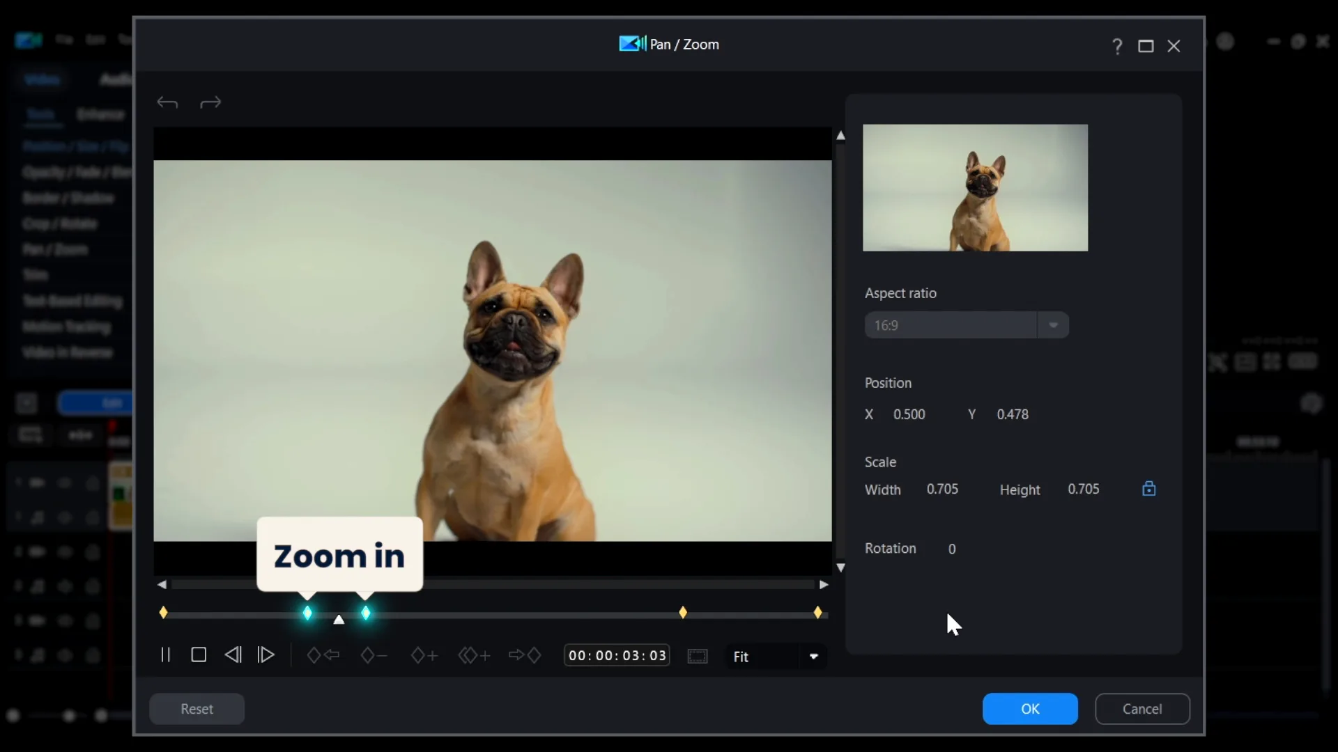 The finished keyframe row with the zoom in, hold and zoom out sections labeled