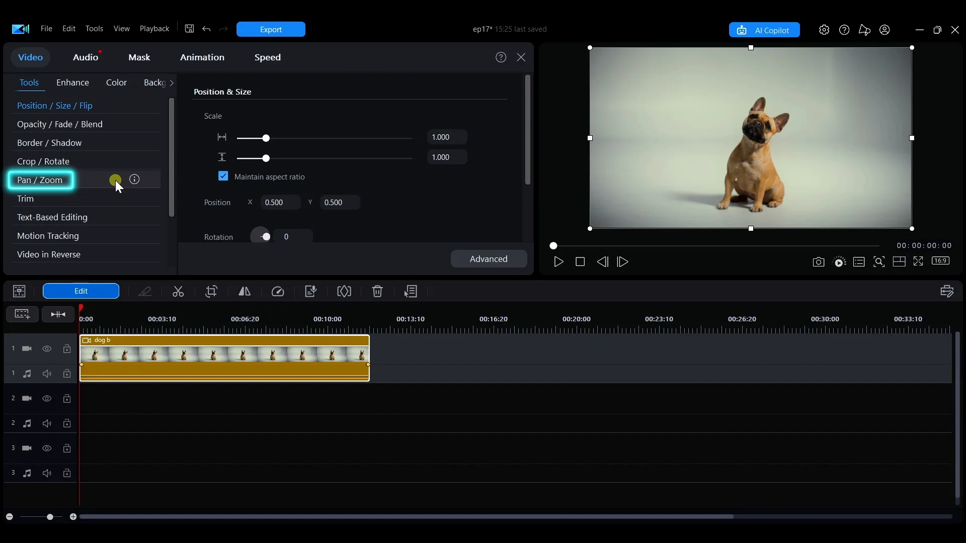 The PowerDirector Edit panel with Pan/Zoom selected in the Tools list