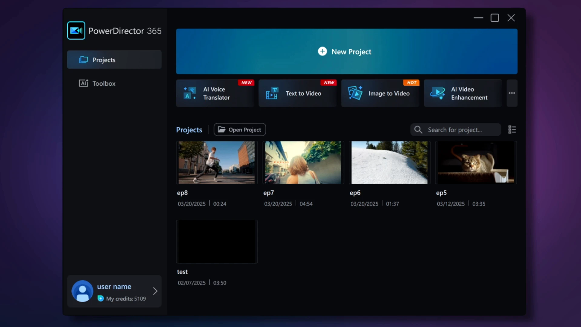 The PowerDirector Launcher startup screen with New Project, tool shortcuts, and recent projects