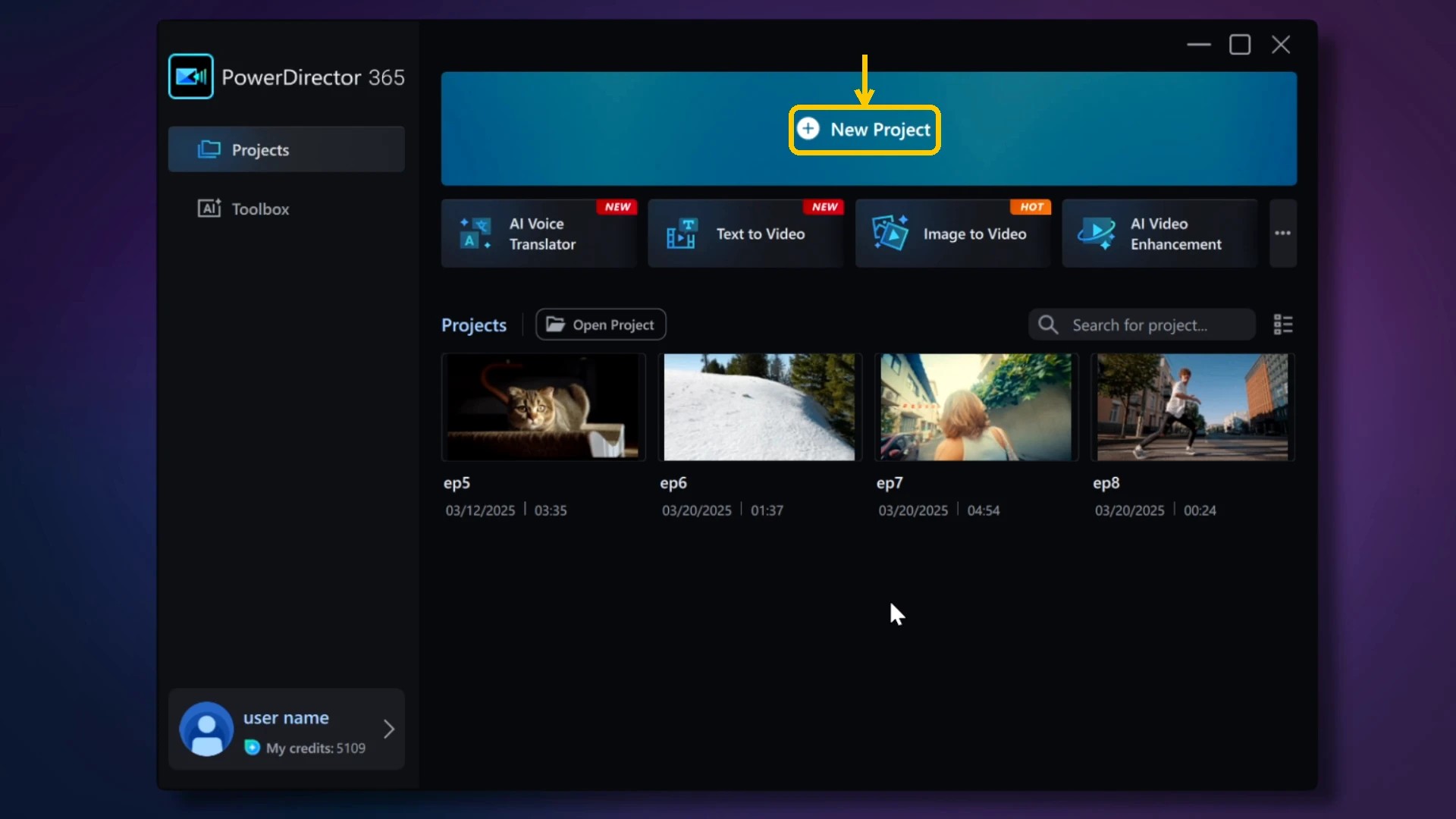 The New Project button highlighted at the top of the Launcher