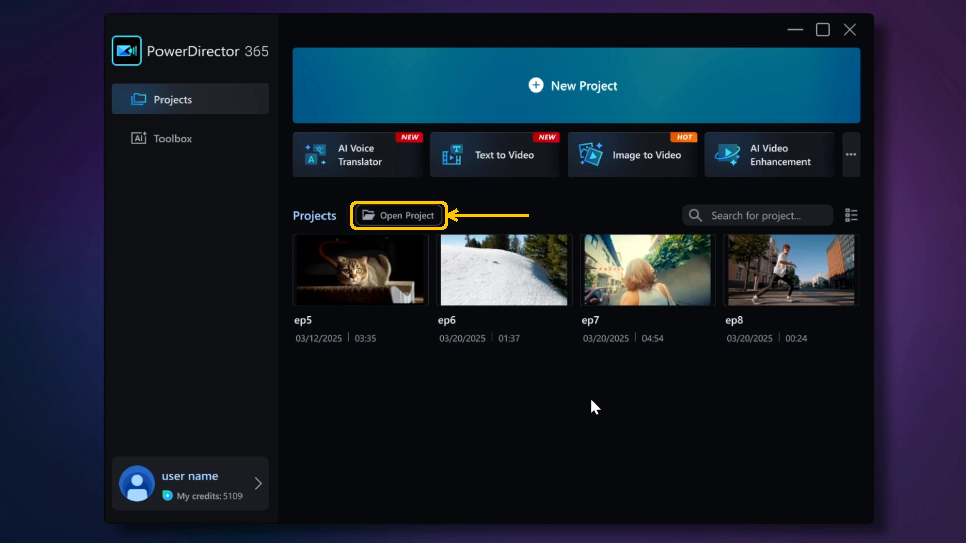 The Open Project button next to the Projects heading in the Launcher