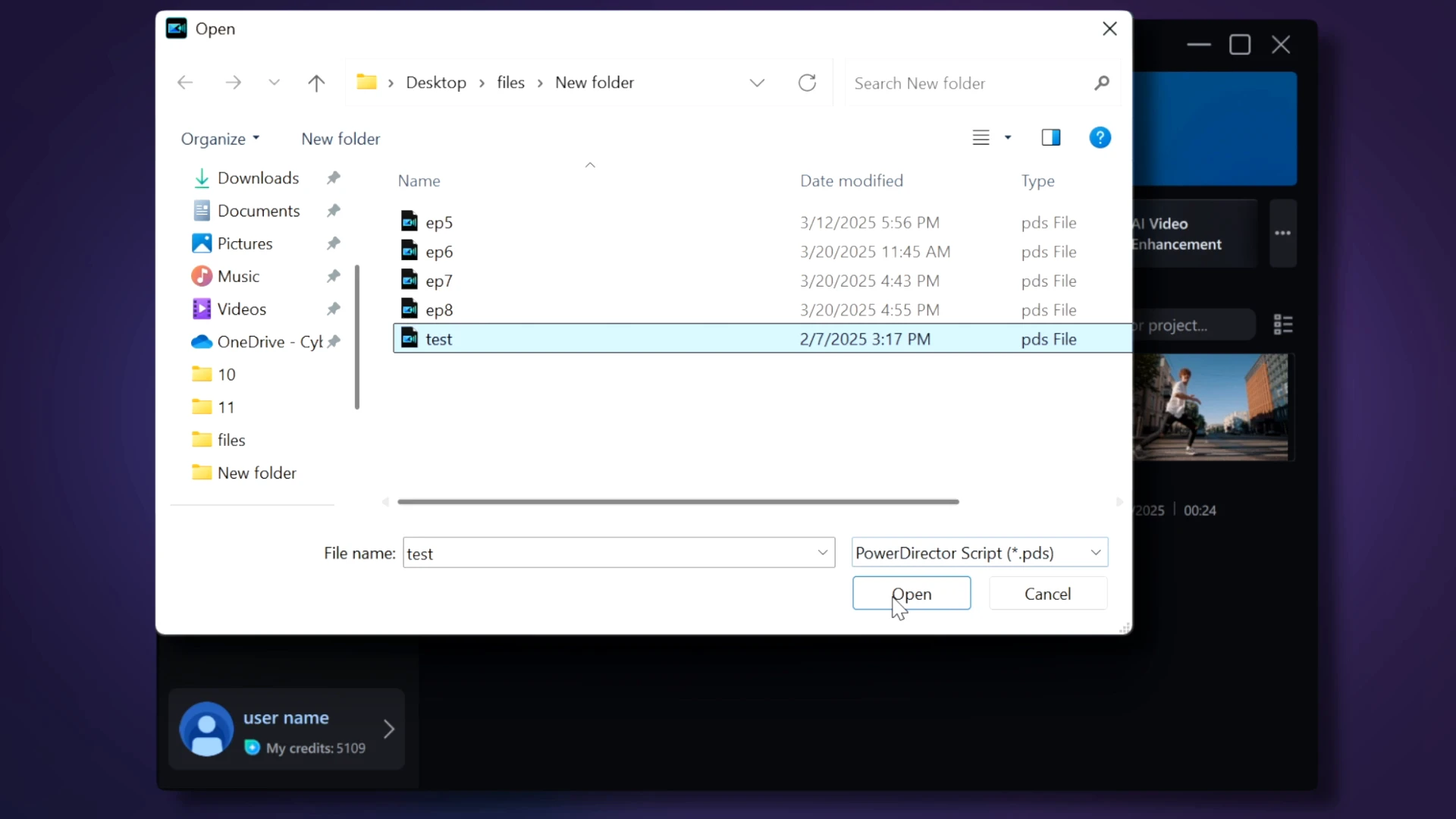 Windows File Explorer open dialog showing PowerDirector .pds project files