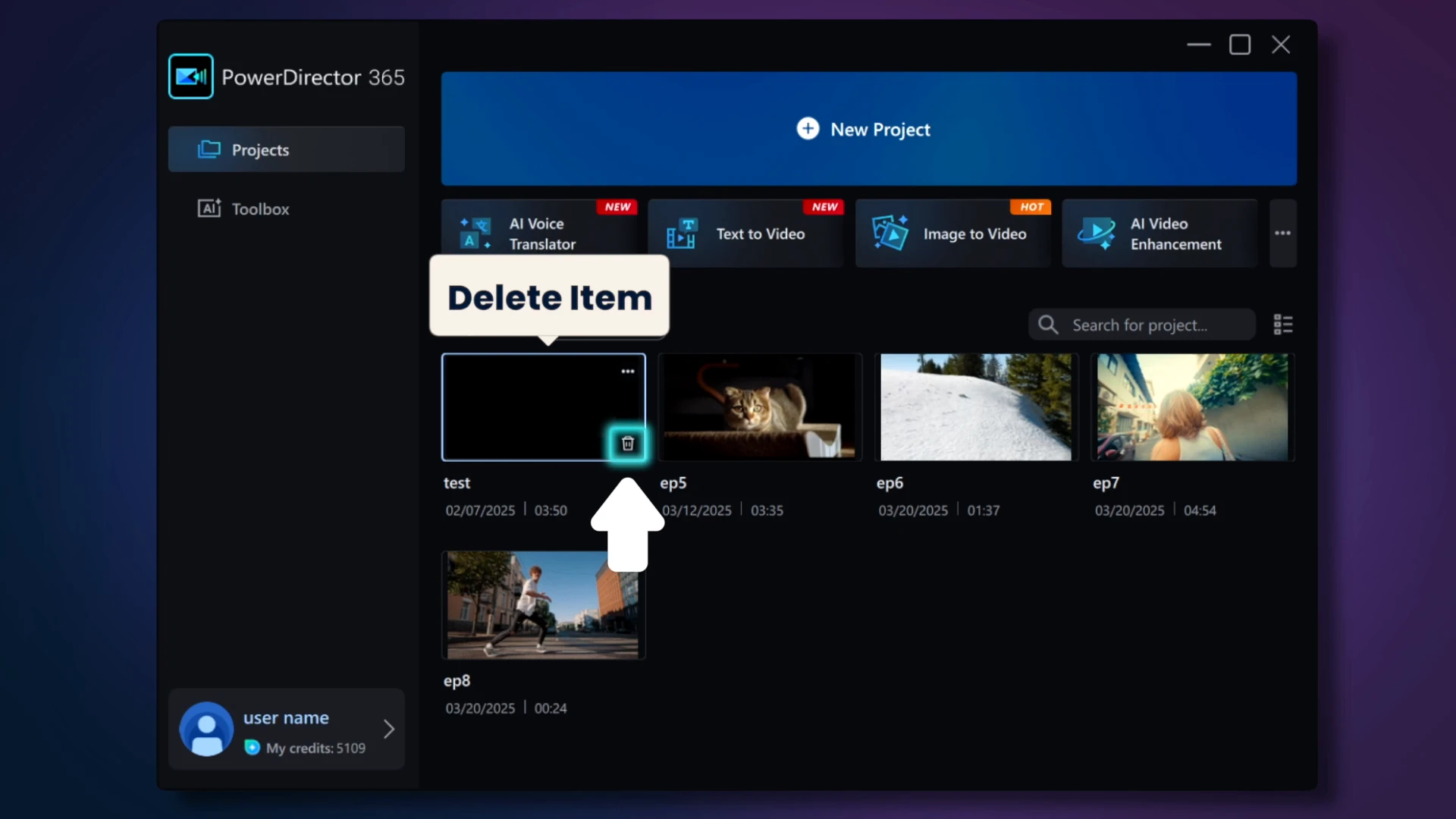 Trash icon on a project thumbnail with a Delete Item label