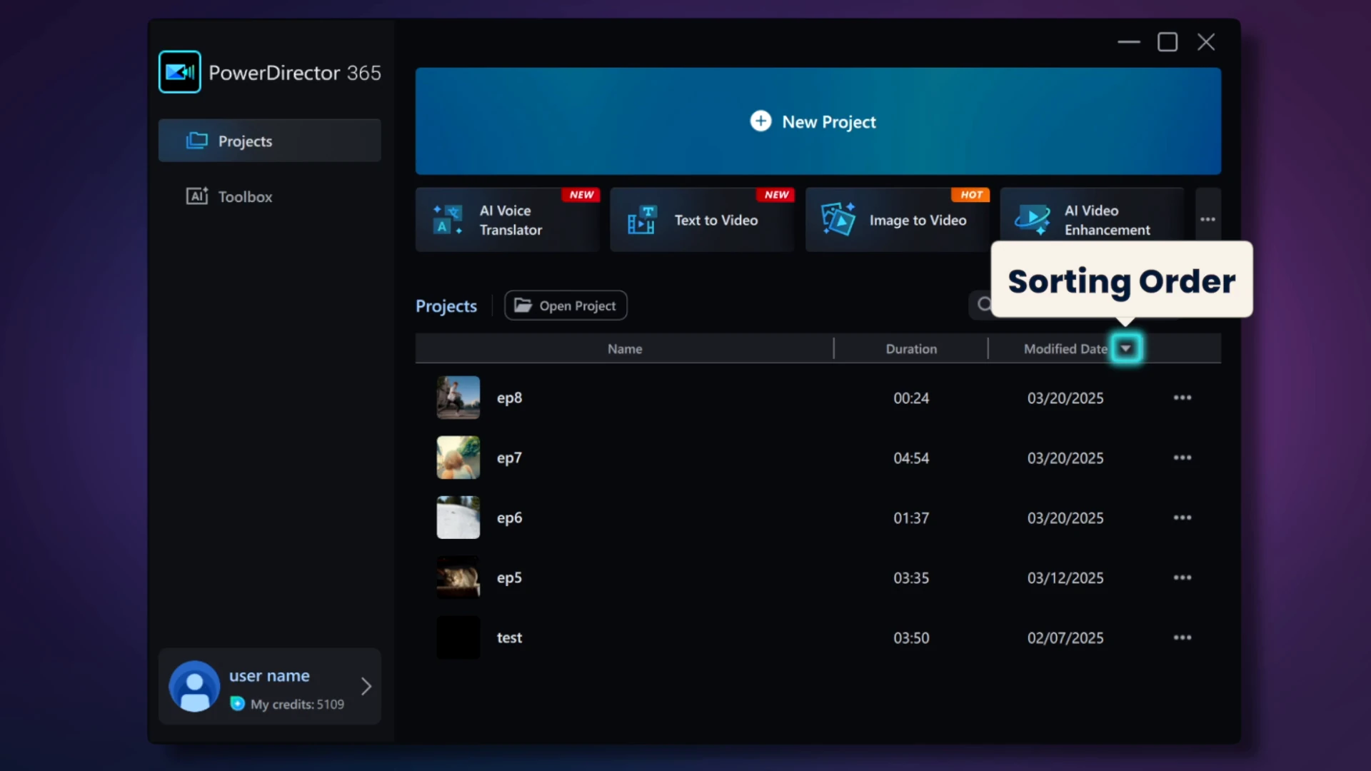 Details view with projects sorted by Modified Date