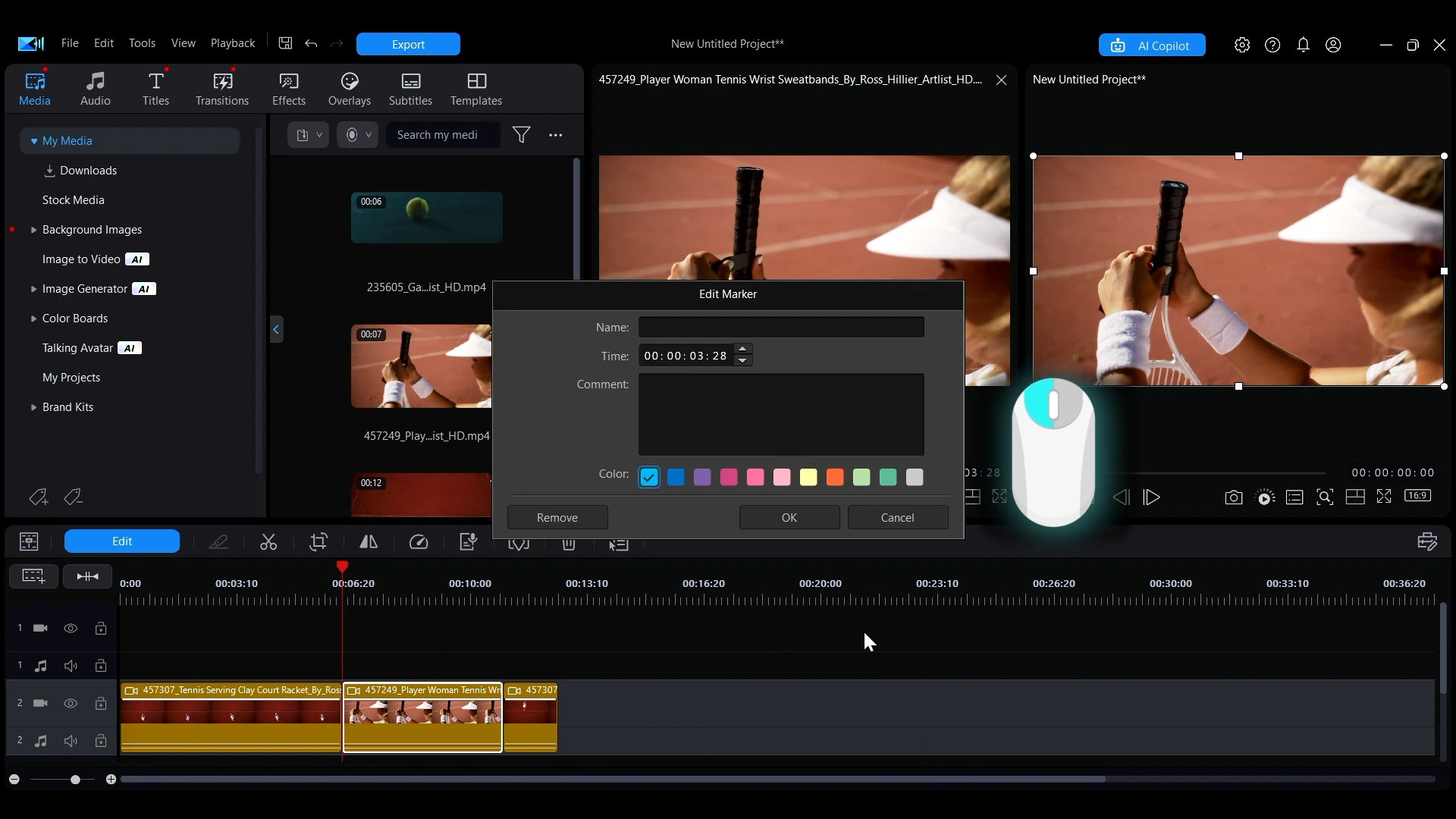 The marker editing dialog with name, comment and color options