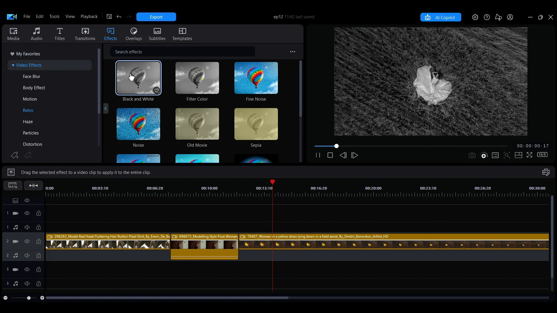 Video effect thumbnails in the Effects tab