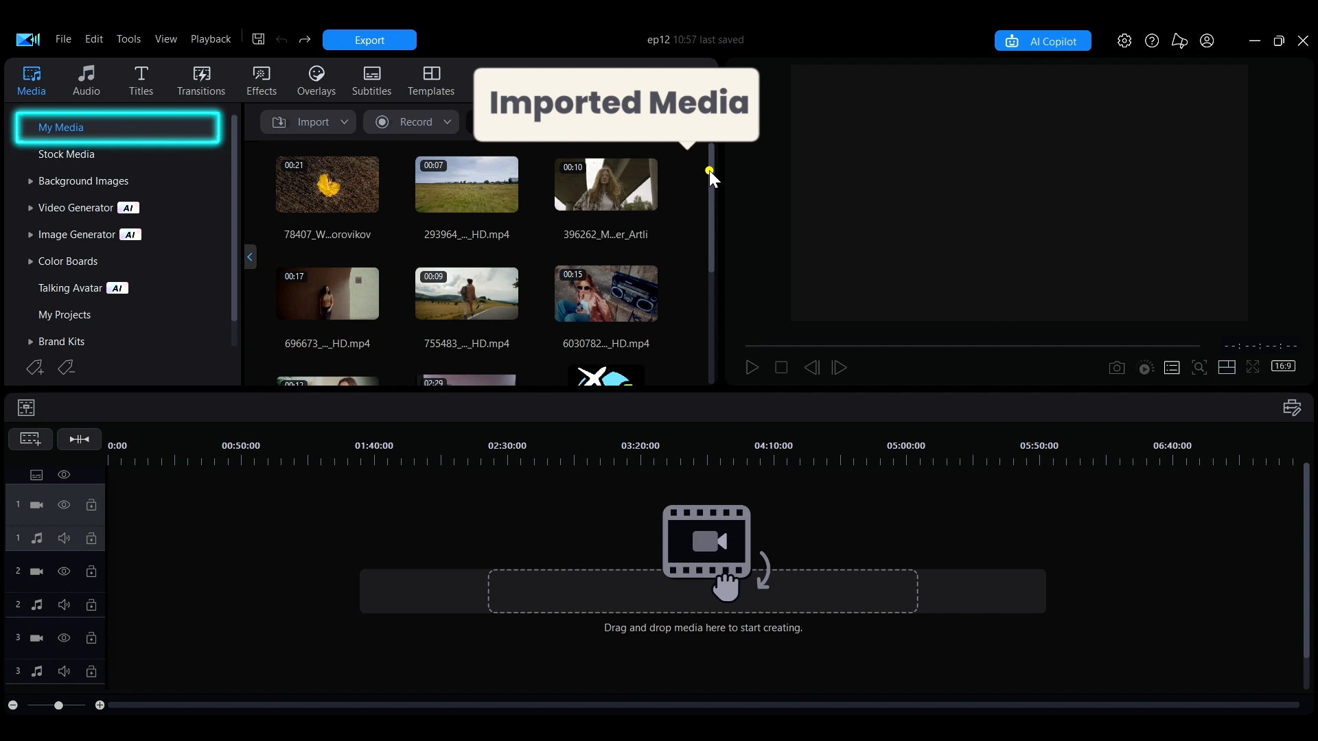 Imported clips shown in the My Media section of the library