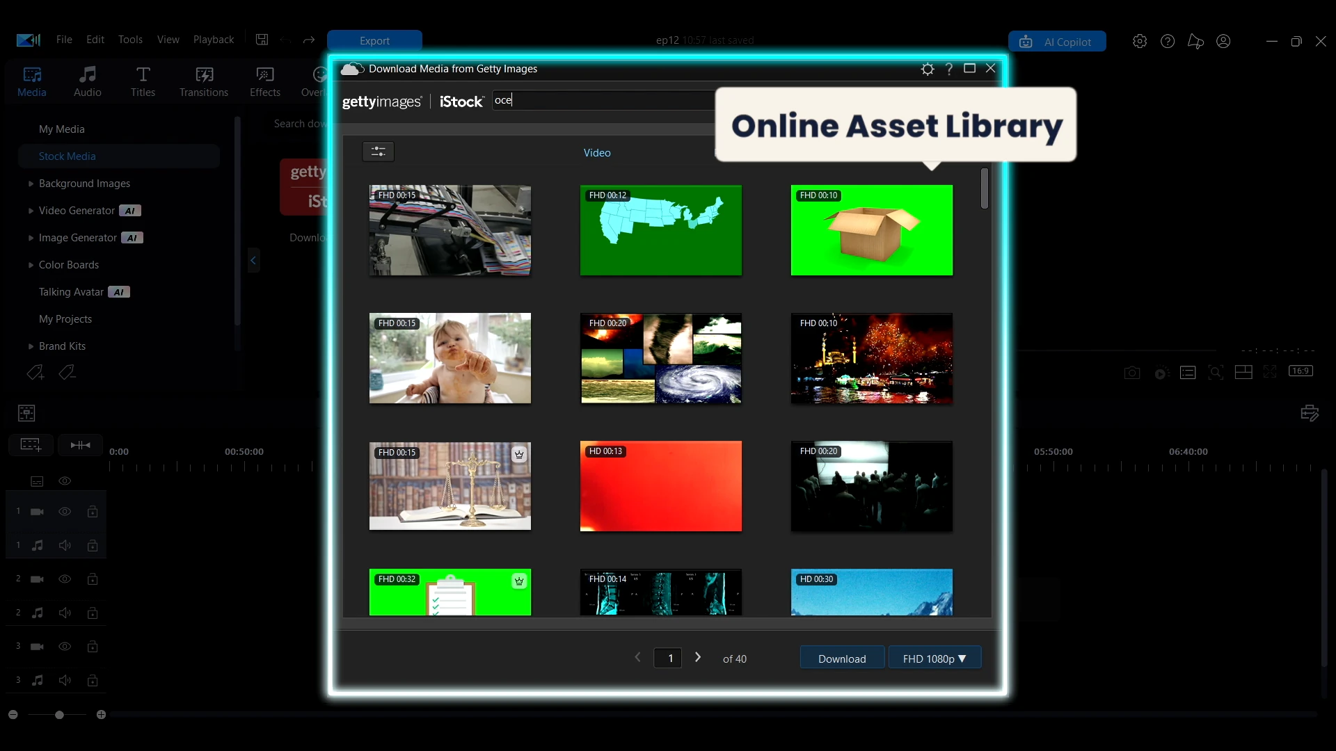 The online asset library browser with stock video and images