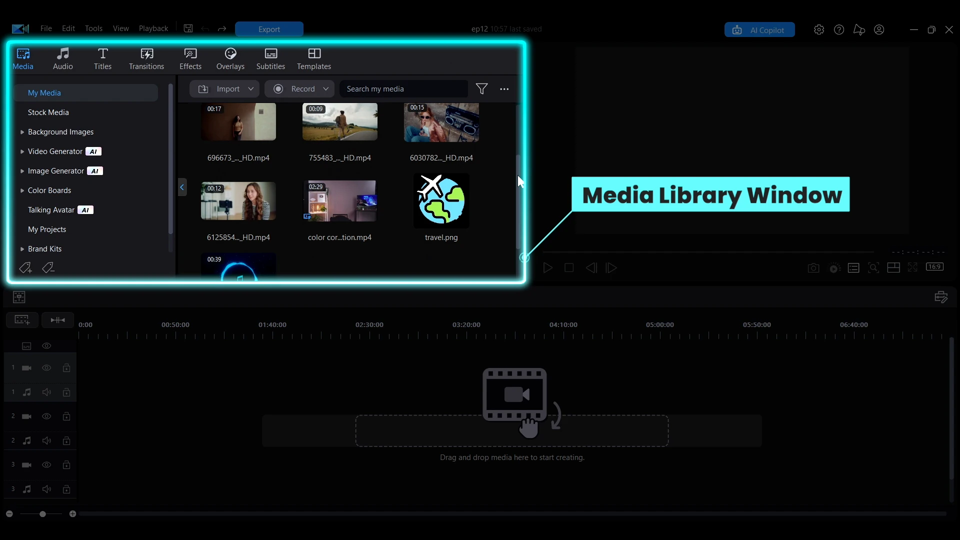 The Library Window panel on the left of the PowerDirector editing screen