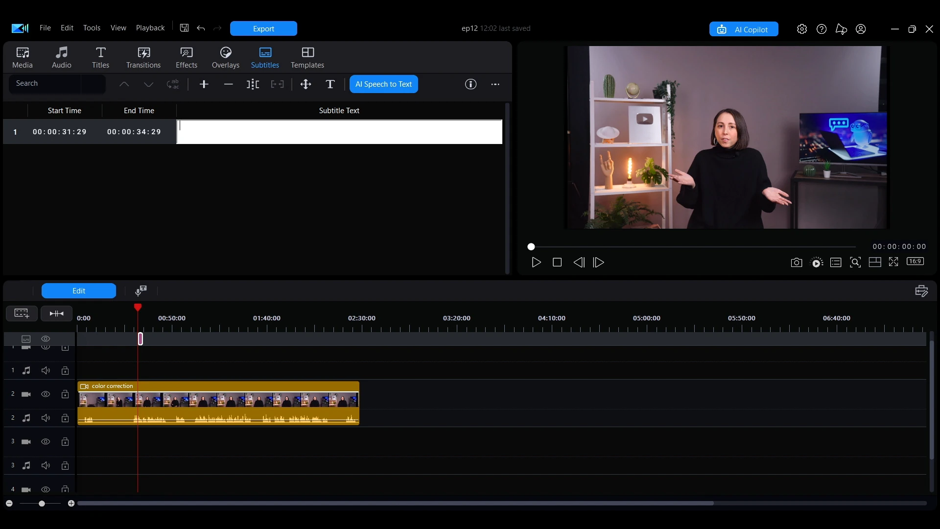 The Subtitles tab with the AI speech to text option