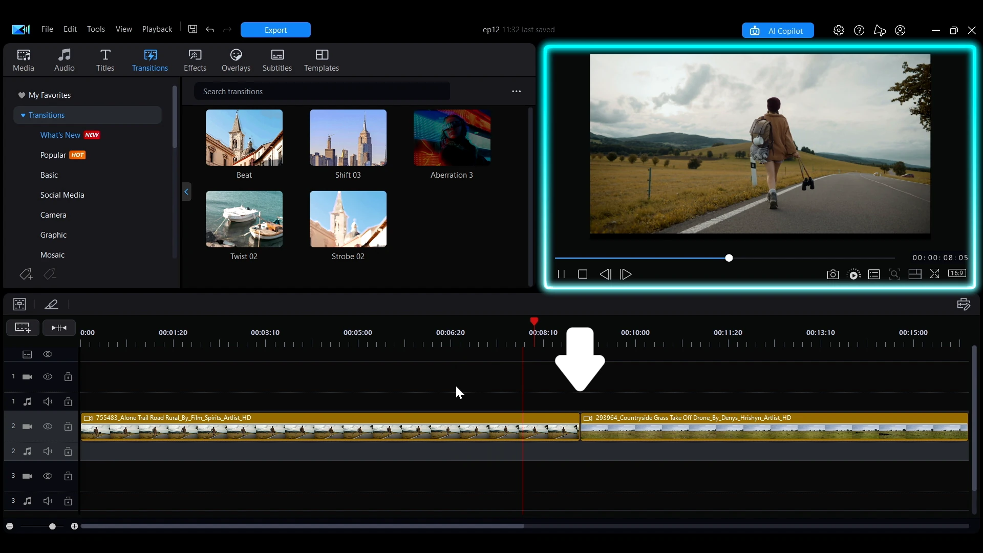 Transition thumbnails in the Transitions tab