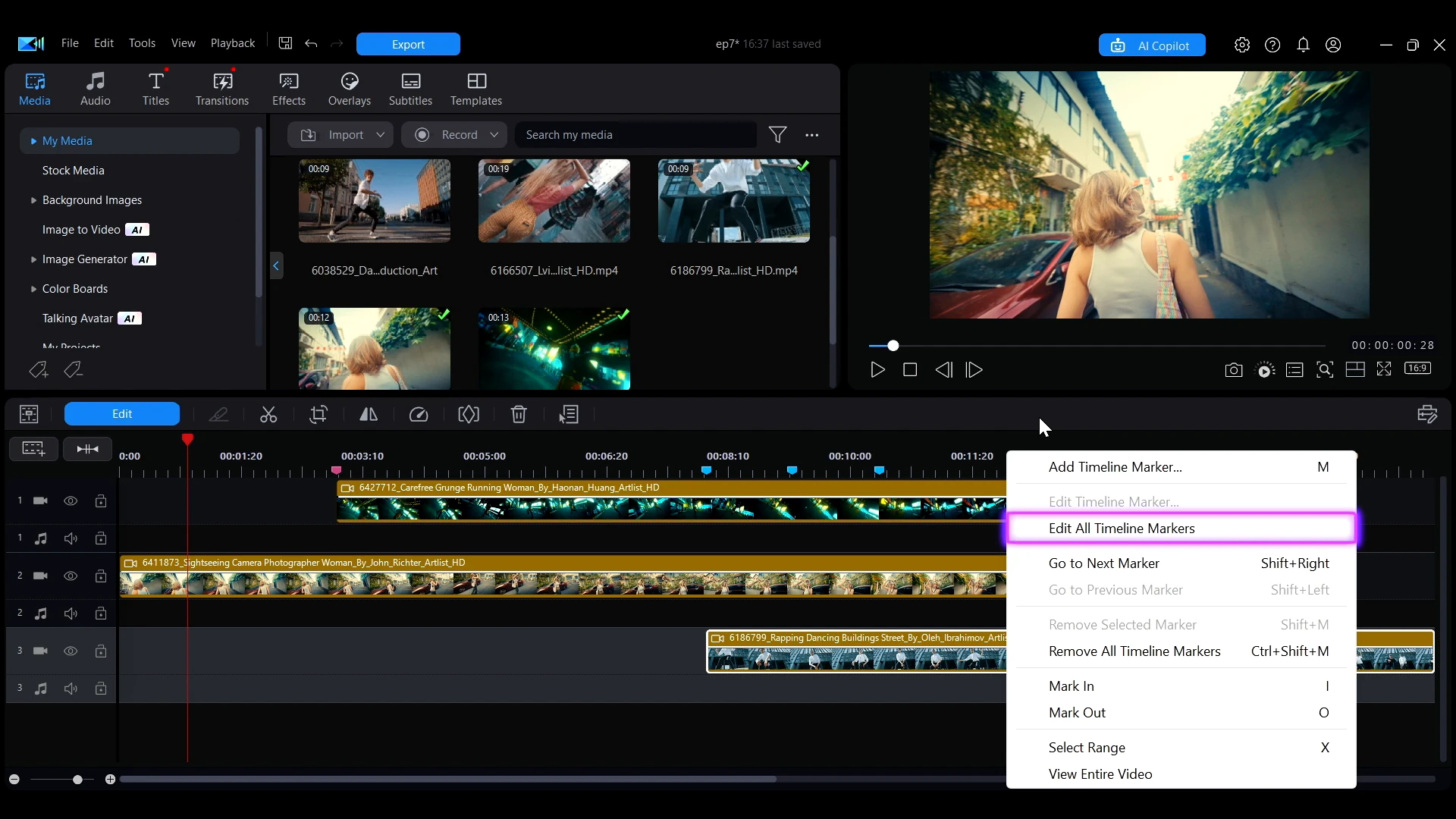 Right-click menu showing Edit All Timeline Markers