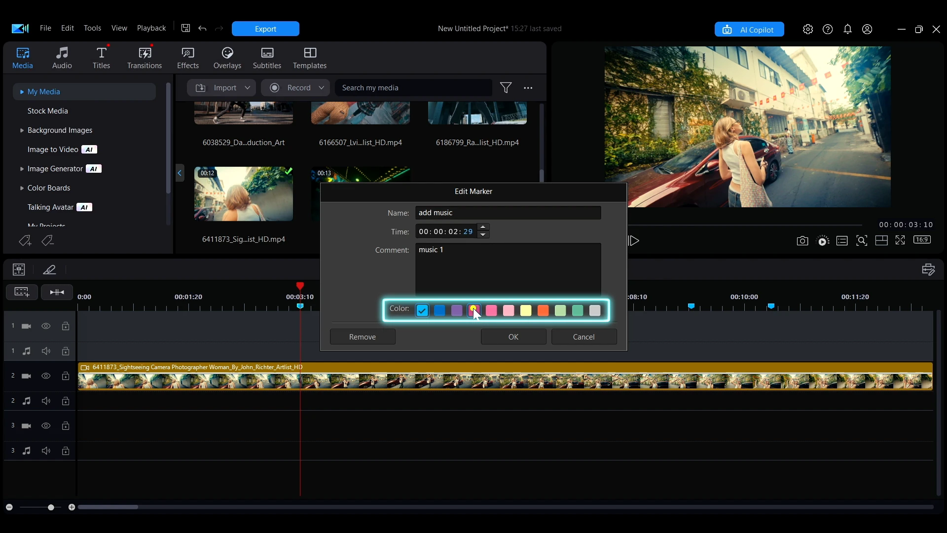 The Edit Marker window with name, comment, color, and timing options