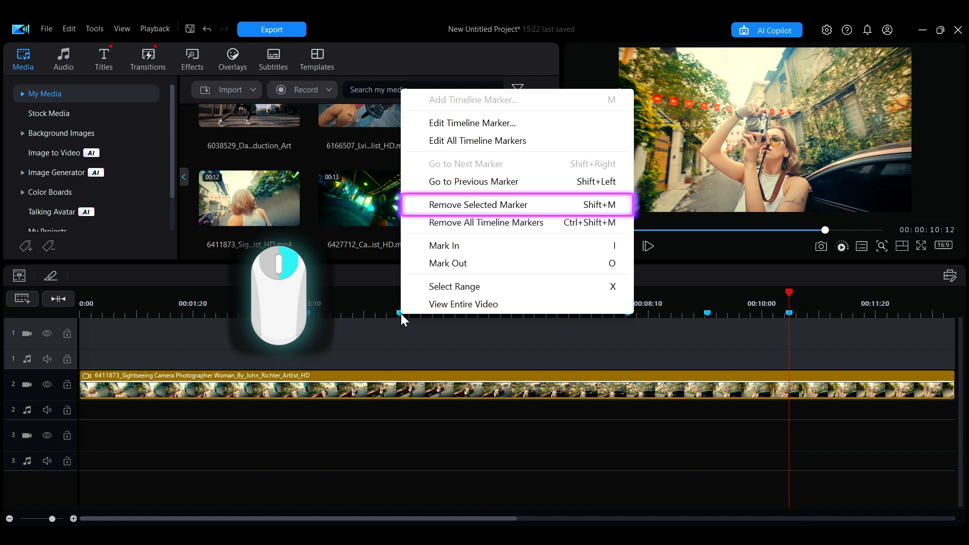 Right-click menu on a marker showing Remove Selected Marker