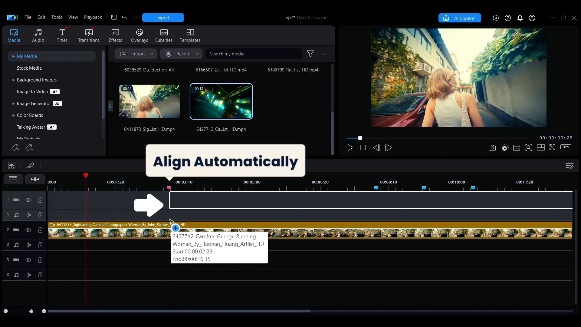 New media aligning to a timeline marker
