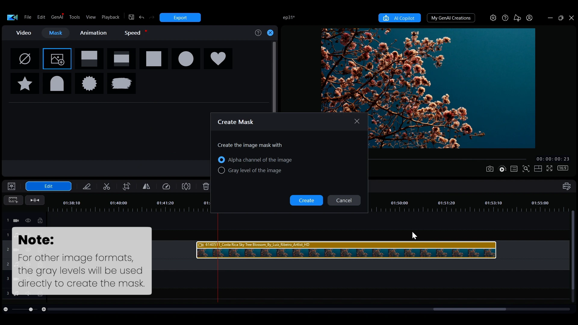 The Create Mask dialog in PowerDirector offering alpha channel of the image or gray level of the image, with a note about other image formats.