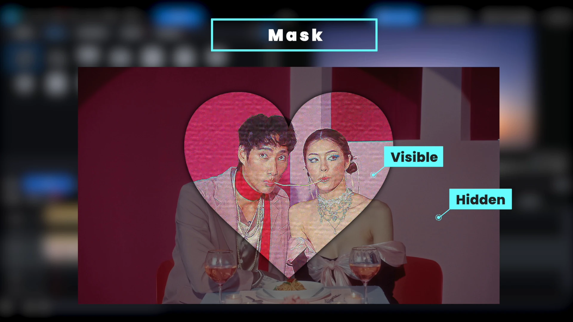 A heart-shaped mask over a photo of a couple in PowerDirector, with the inside of the heart labeled Visible and the area outside labeled Hidden.