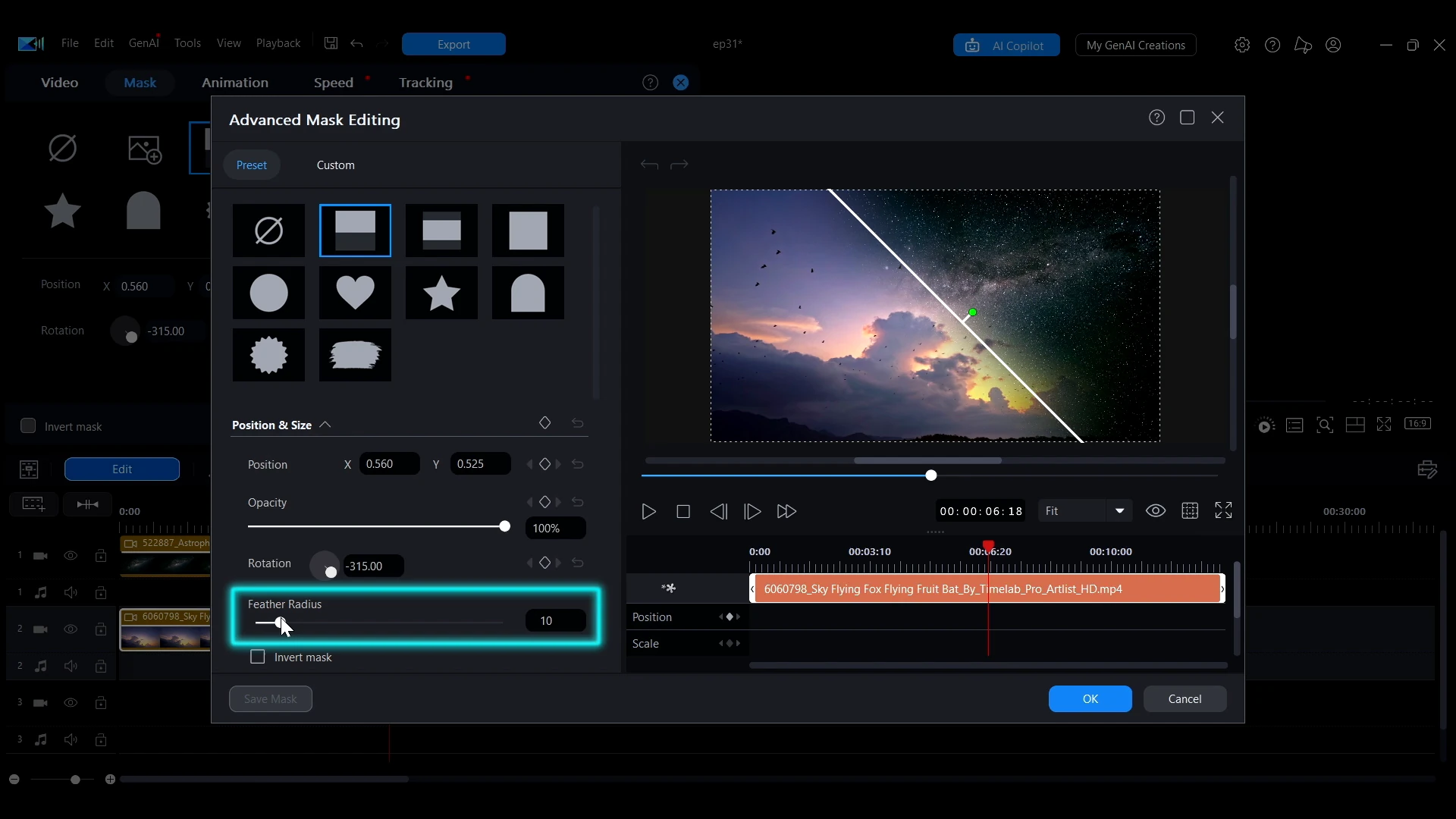 The Feather Radius slider highlighted in the Advanced Mask Editing window in PowerDirector.