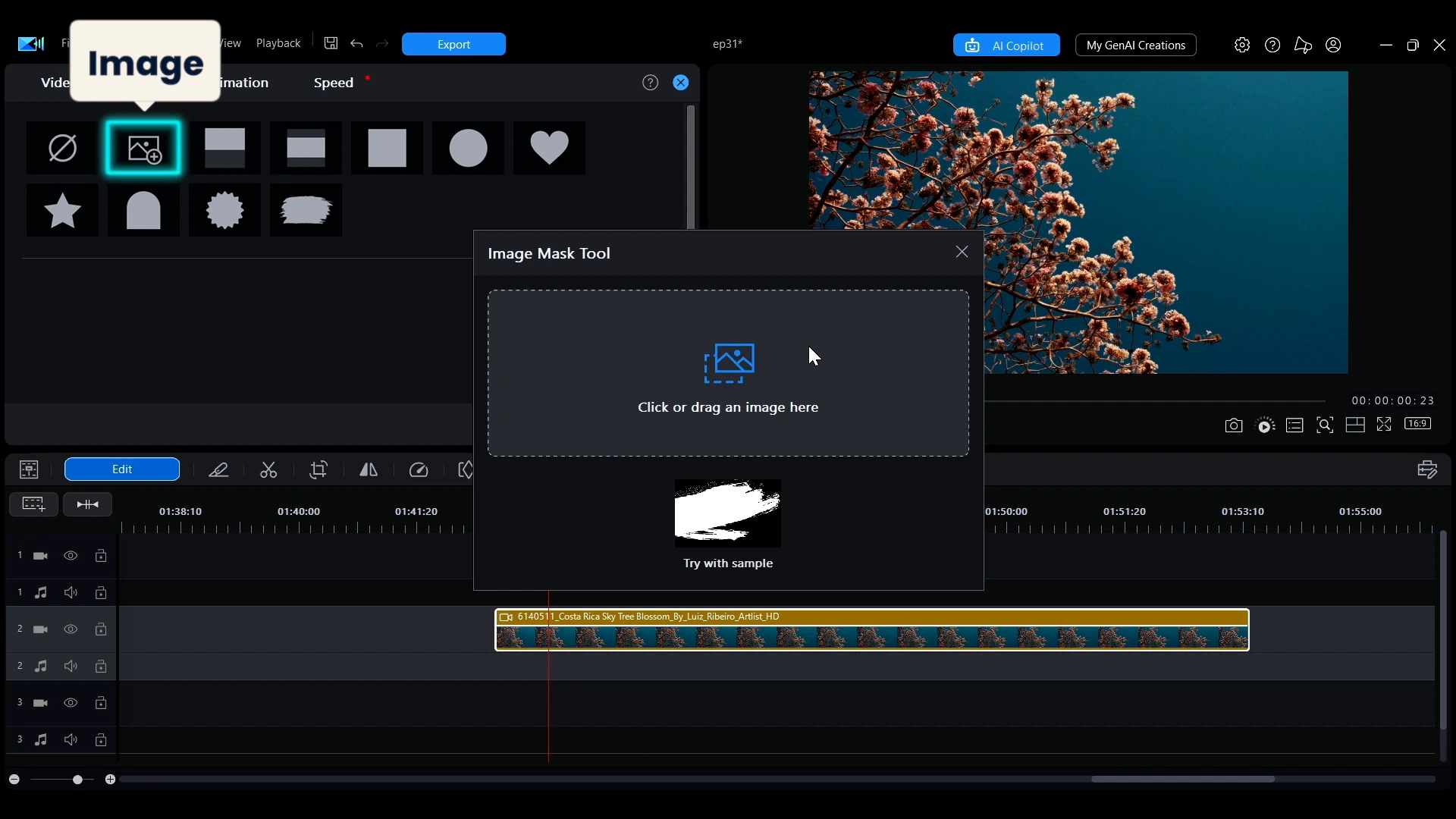 The Image Mask Tool in PowerDirector reading click or drag an image here, over the clip that is about to be masked.