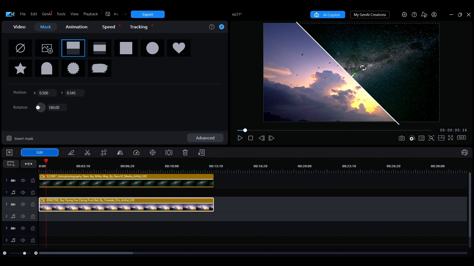 A diagonal linear mask across a sky clip in the PowerDirector preview window, splitting it into a bright half and a dark half.