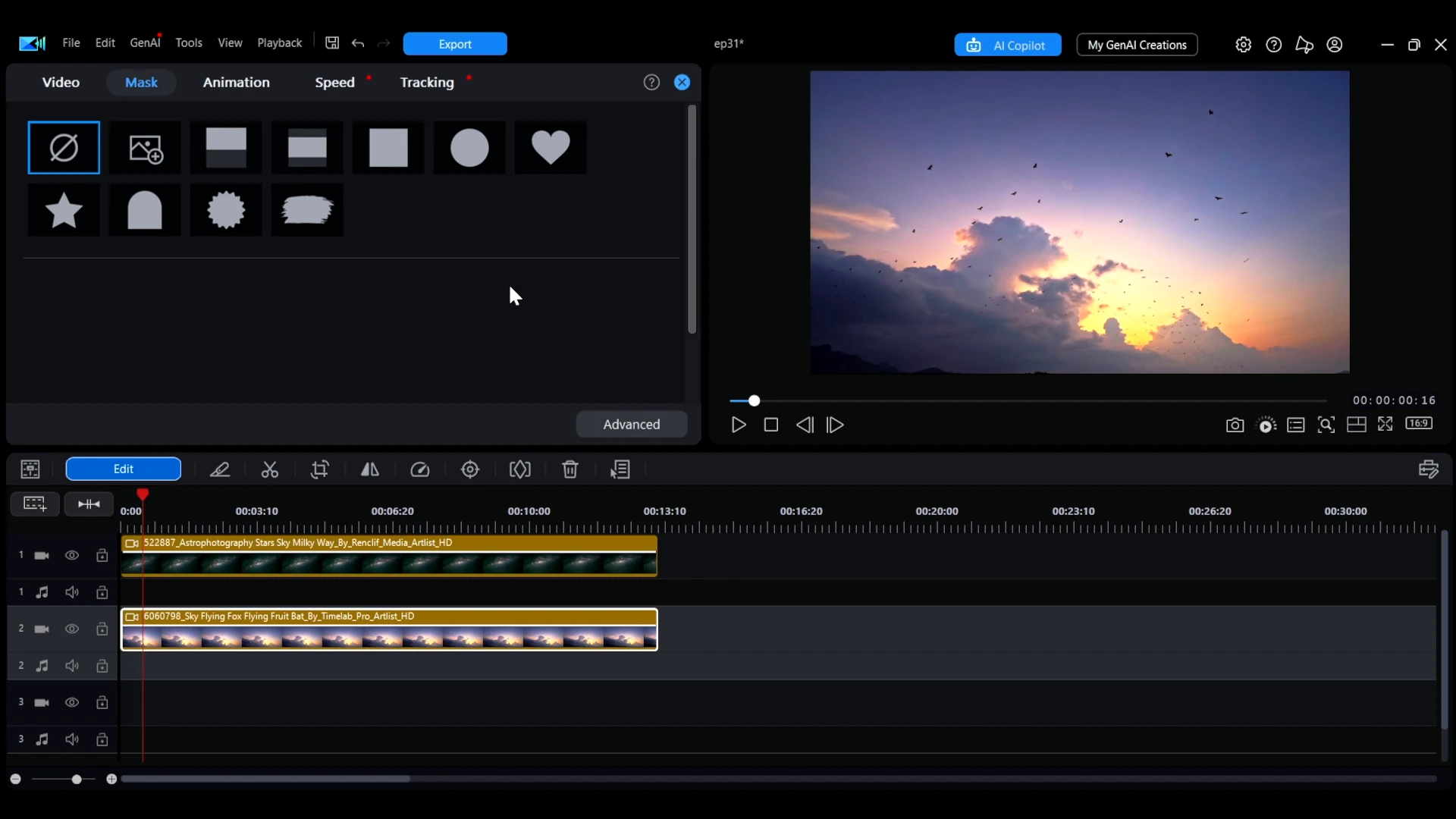 The Mask tab in PowerDirector showing a grid of mask types including line masks and preset shapes.