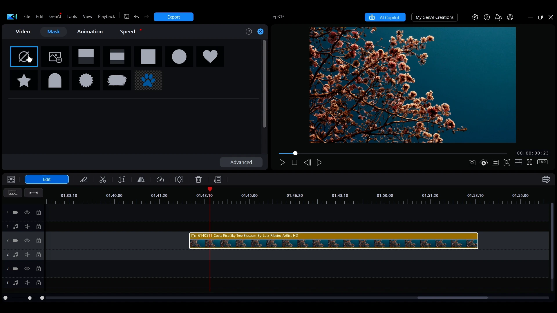The None option selected in the PowerDirector mask grid, with the clip shown unmasked in the preview window.