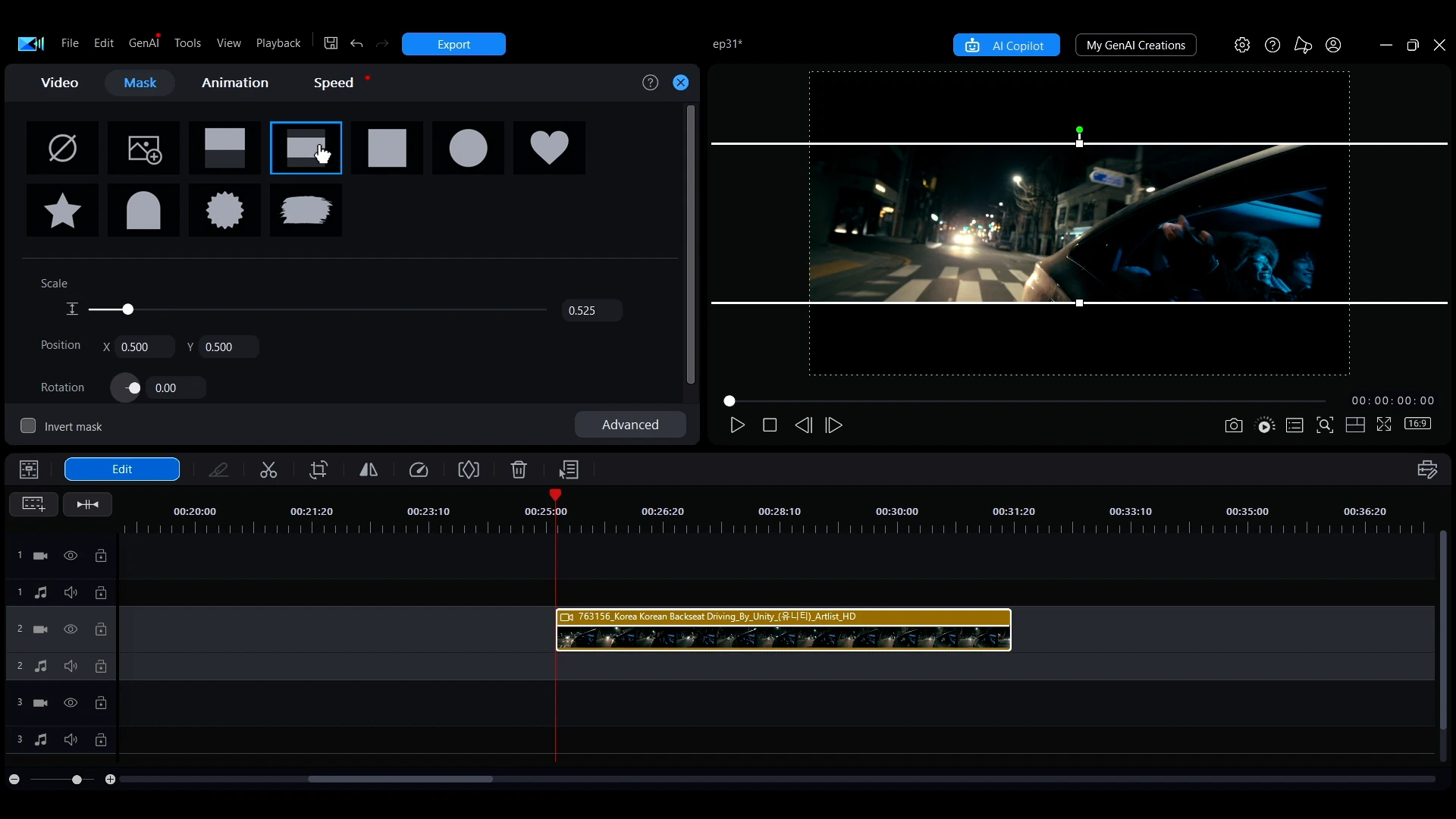 The Parallel Mask selected in PowerDirector with two horizontal lines across a night driving shot in the preview window.