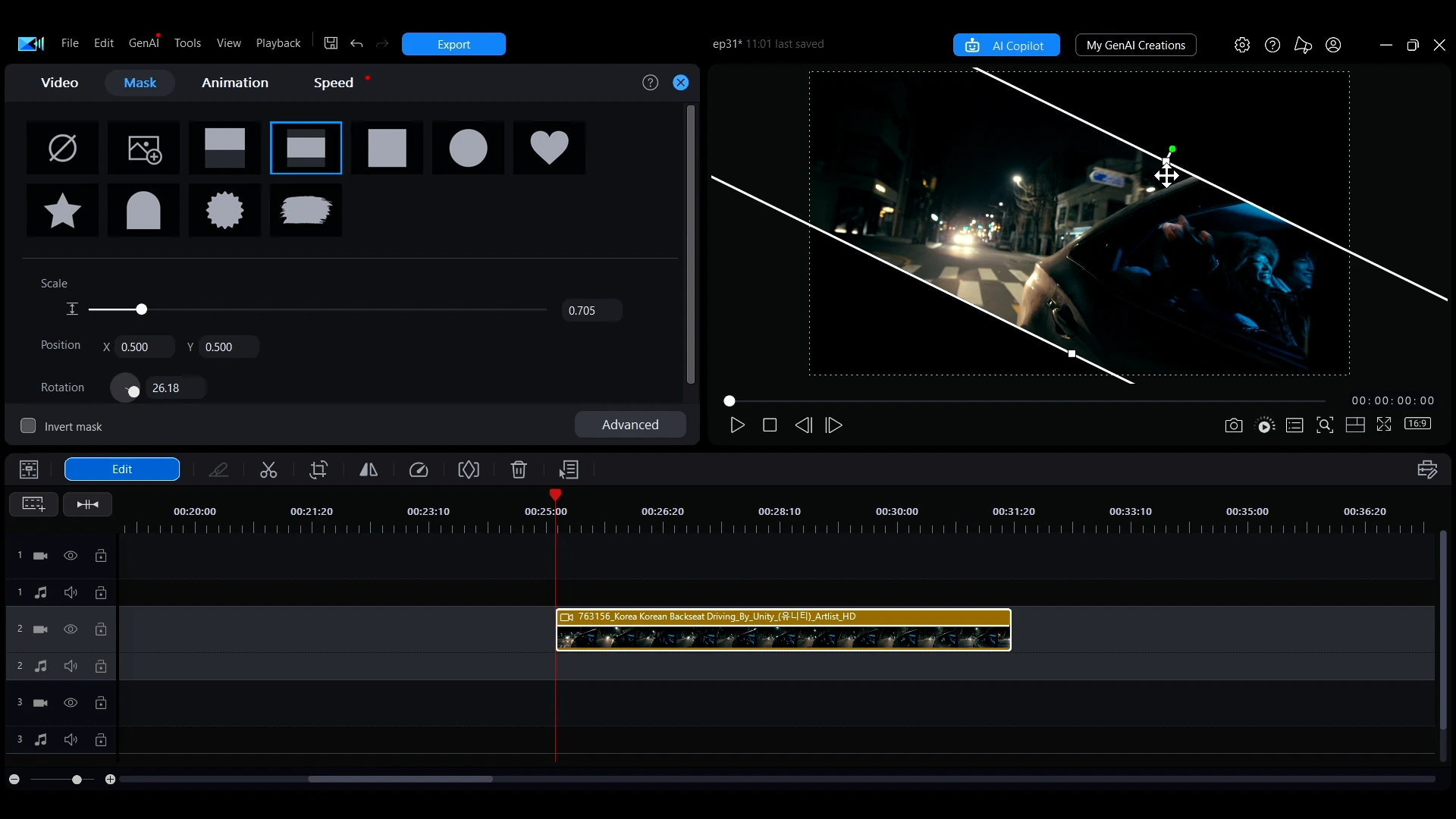 A rotated parallel mask across a night driving shot in the PowerDirector preview window.