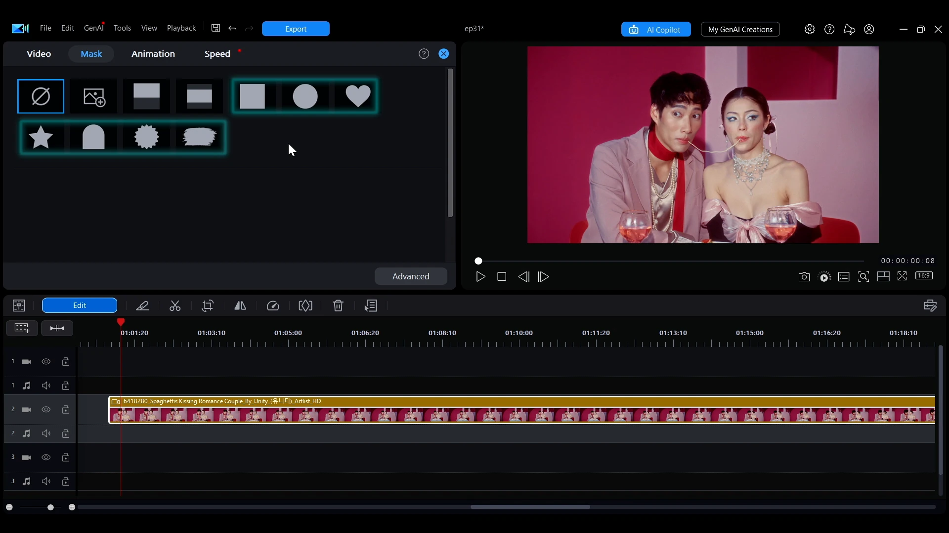 The row of preset shape masks in the PowerDirector mask grid, including circle, heart and brush shapes.